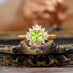 1.2 Carat Vintage Cushion Cut Cluster Halo Peridot Engagement Ring