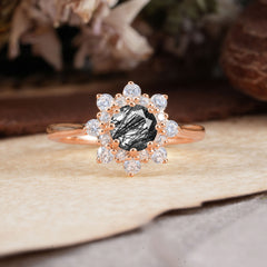 Round Black Rutilated Quartz Flower Engagement Ring Nature Inspired Wedding Ring