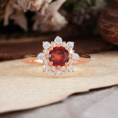 Round Cut Garnet Flower Engagement Ring Deep Red Romantic Wedding Ring
