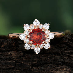 0.8 Carat Round Cut Garnet Wedding Ring Flower Engagement Ring
