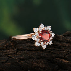 0.8 Carat Round Cut Garnet Wedding Ring Flower Engagement Ring