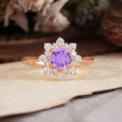 Round Cut Amethyst Flower Engagement Ring Purple Birthstone Wedding Ring