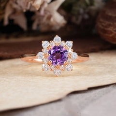 Round Cut Amethyst Flower Engagement Ring Purple Birthstone Wedding Ring