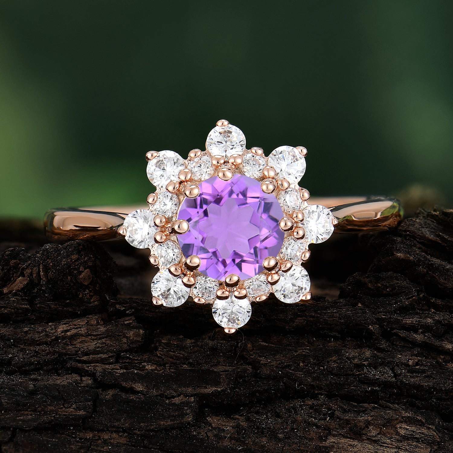 0.8 Carat Round Cut Amethyst Wedding Ring Flower Engagement Ring