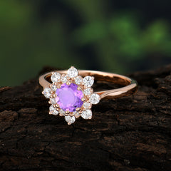 0.8 Carat Round Cut Amethyst Wedding Ring Flower Engagement Ring
