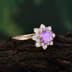 0.8 Carat Round Cut Amethyst Wedding Ring Flower Engagement Ring