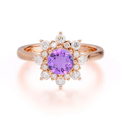 0.8 Carat Round Cut Amethyst Wedding Ring Flower Engagement Ring