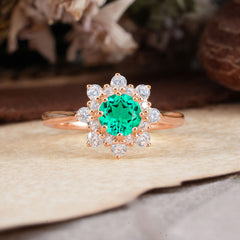 Round Emerald Flower Engagement Ring Nature Inspired Wedding Ring