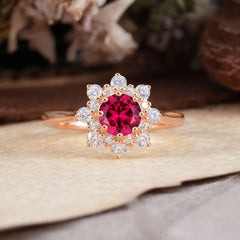 Round Ruby Flower Engagement Ring Nature Inspired Wedding Ring