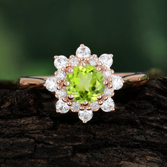 0.8 Carat Round Cut Peridot Wedding Ring Flower Engagement Ring