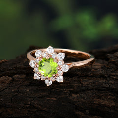 0.8 Carat Round Cut Peridot Wedding Ring Flower Engagement Ring