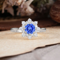 8 Prong Round Brilliant Cut Sapphire Ring | Flower Style Engagement Ring