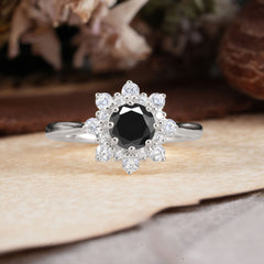 Round Cut Black Onyx Flower Engagement Ring For Women