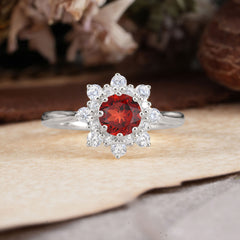 Round Cut Garnet Flower Engagement Ring Deep Red Romantic Wedding Ring