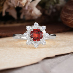 Round Cut Garnet Flower Engagement Ring Deep Red Romantic Wedding Ring