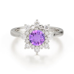 0.8 Carat Round Cut Amethyst Wedding Ring Flower Engagement Ring