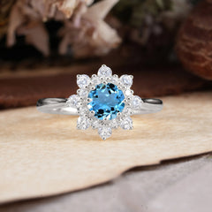 Round Aquamarine Flower Engagement Ring Nature Inspired Wedding Ring