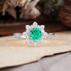 Round Emerald Flower Engagement Ring Nature Inspired Wedding Ring