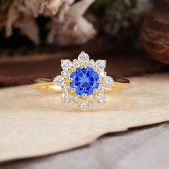 8 Prong Round Brilliant Cut Sapphire Ring | Flower Style Engagement Ring