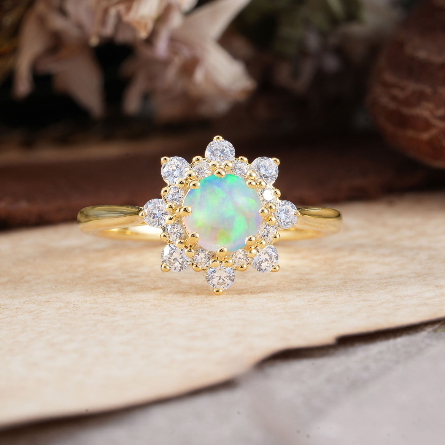 0.8 Carat Round Cut  white Opal Engagement Ring Flower Engagement Ring