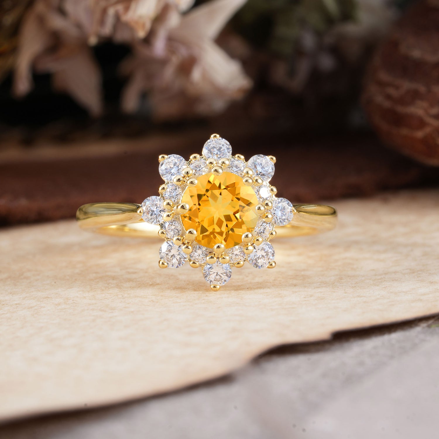 Round Citrine Flower Engagement Ring Nature Inspired Engagement Ring