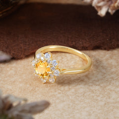Round Citrine Flower Engagement Ring Nature Inspired Wedding Ring