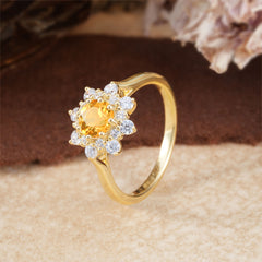 Round Citrine Flower Engagement Ring Nature Inspired Wedding Ring