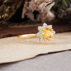 Round Citrine Flower Engagement Ring Nature Inspired Wedding Ring
