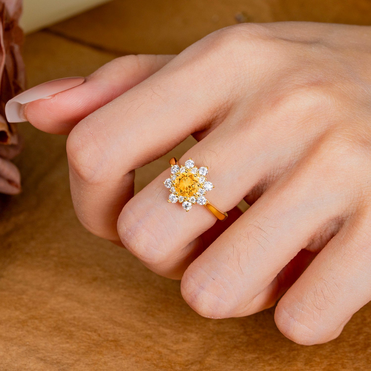 Round Citrine Flower Engagement Ring Nature Inspired Engagement Ring