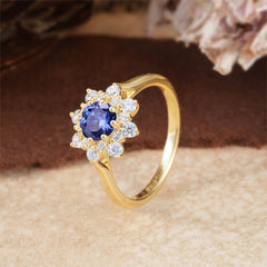Round Tanzanite Flower Engagement Ring Nature Inspired Wedding Ring