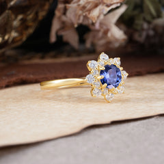 Round Tanzanite Flower Engagement Ring Nature Inspired Wedding Ring