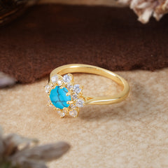 Round Turquoise Flower Engagement Ring Nature Inspired Wedding Ring