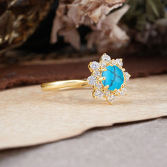 Round Turquoise Flower Engagement Ring Nature Inspired Wedding Ring