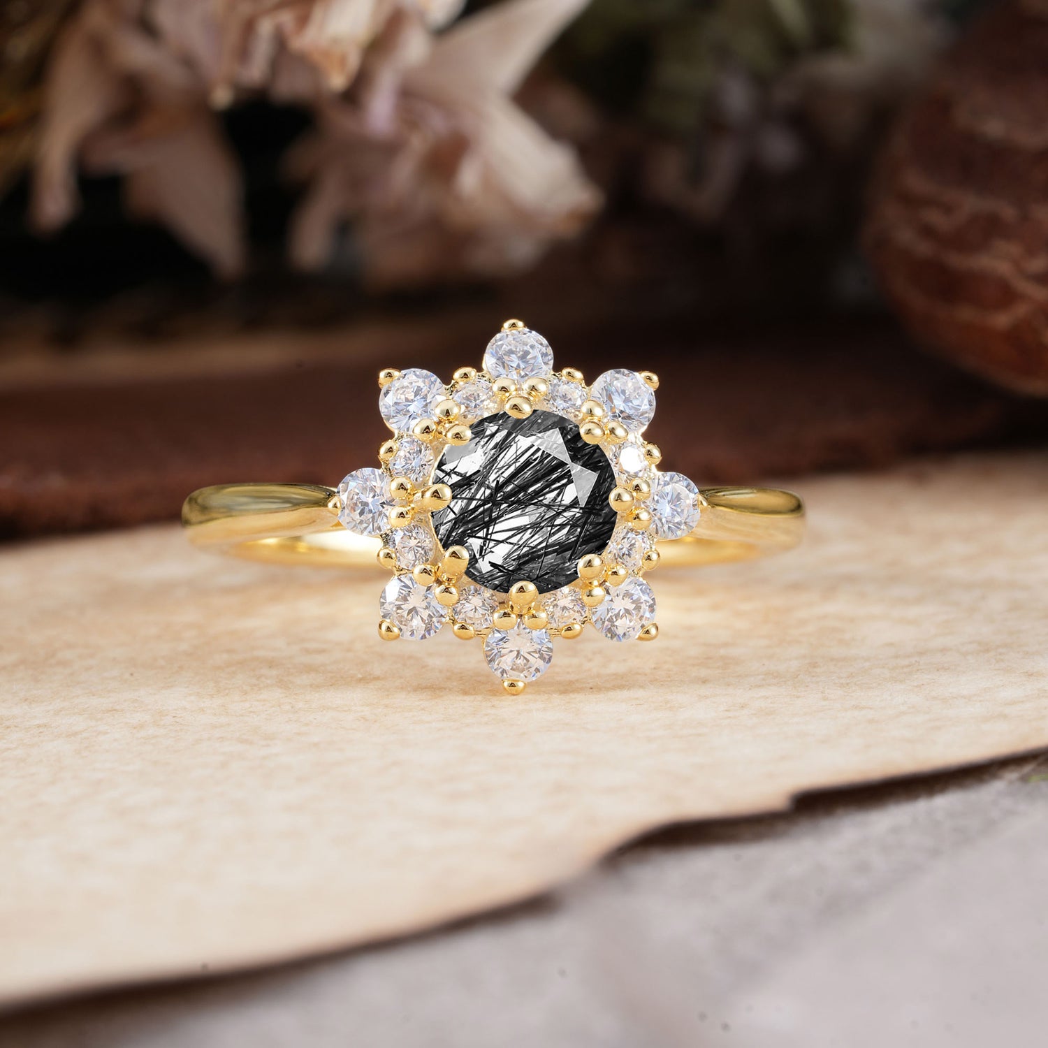 Round Black Rutilated Quartz Flower Engagement Ring Nature Inspired Engagement Ring