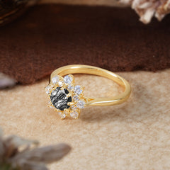 Round Black Rutilated Quartz Flower Engagement Ring Nature Inspired Wedding Ring
