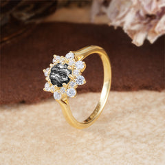 Round Black Rutilated Quartz Flower Engagement Ring Nature Inspired Wedding Ring