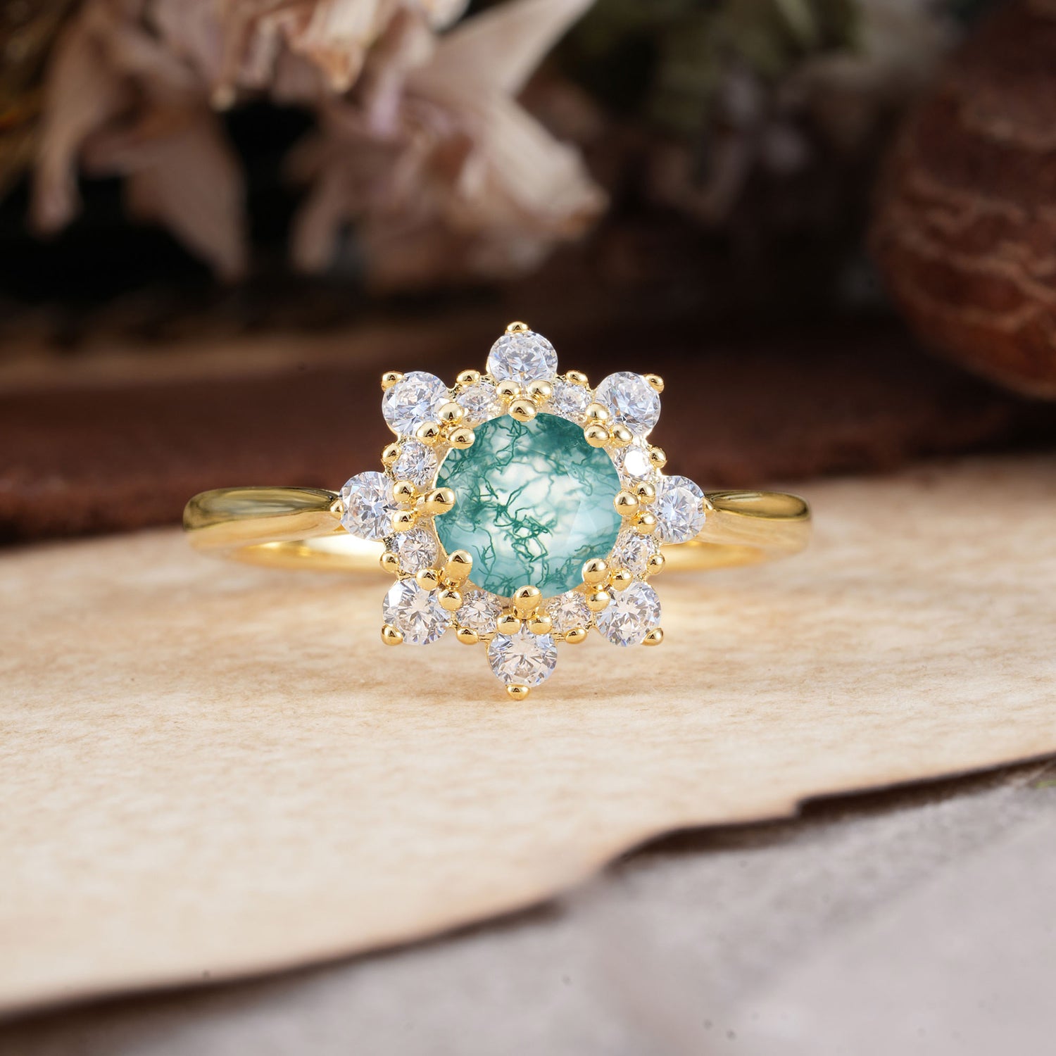 Round  Moss Agate Flower Engagement Ring Nature Inspired Engagement Ring