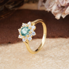 Round  Moss Agate Flower Engagement Ring Nature Inspired Wedding Ring