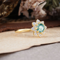 Round  Moss Agate Flower Engagement Ring Nature Inspired Wedding Ring