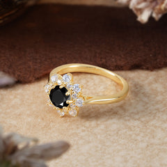 Round Cut Black Onyx Flower Engagement Ring For Women