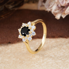 Round Cut Black Onyx Flower Engagement Ring For Women