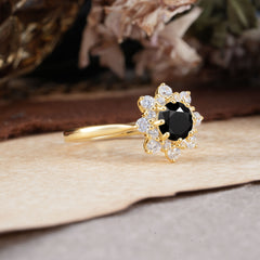 Round Cut Black Onyx Flower Engagement Ring For Women