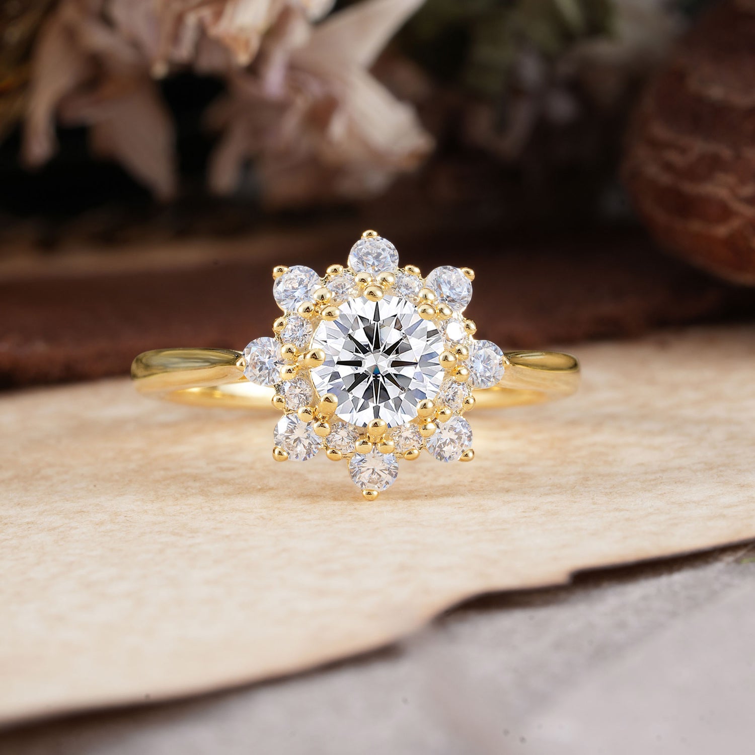Round Lab Diamond Flower Engagement Ring Nature Inspired Engagement Ring