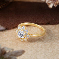 Round Lab Diamond Flower Engagement Ring Nature Inspired Wedding Ring