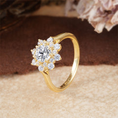 Round Lab Diamond Flower Engagement Ring Nature Inspired Wedding Ring