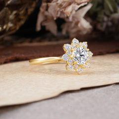 Round Lab Diamond Flower Engagement Ring Nature Inspired Wedding Ring
