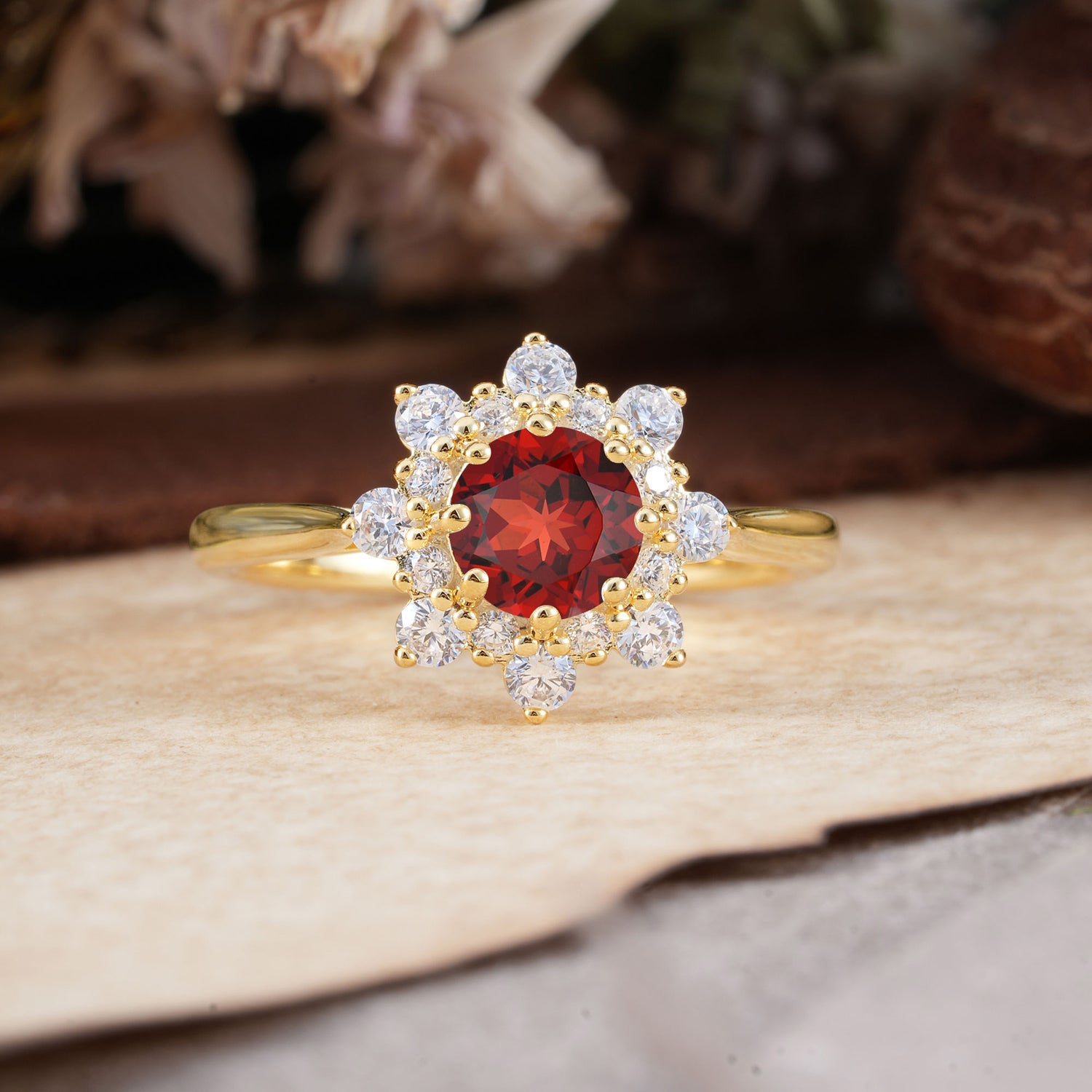 Round Cut Garnet Flower Engagement Ring Deep Red Romantic Engagement Ring