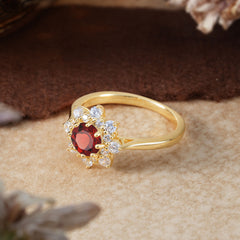 Round Cut Garnet Flower Engagement Ring Deep Red Romantic Wedding Ring