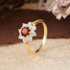 Round Cut Garnet Flower Engagement Ring Deep Red Romantic Wedding Ring