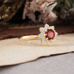 Round Cut Garnet Flower Engagement Ring Deep Red Romantic Wedding Ring
